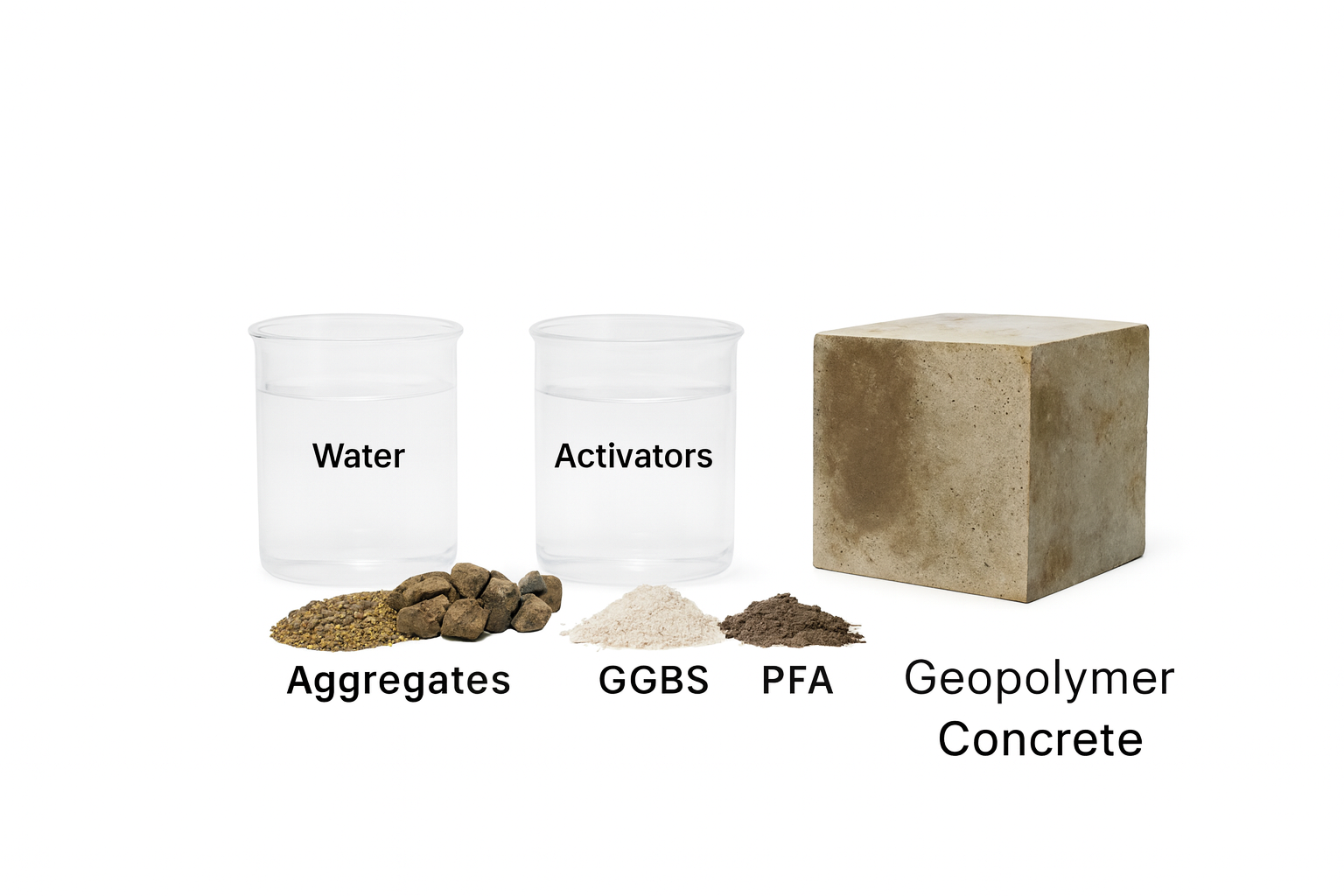 Infographic of geopolymer concrete cube with labeled materials used to create geopolymer.