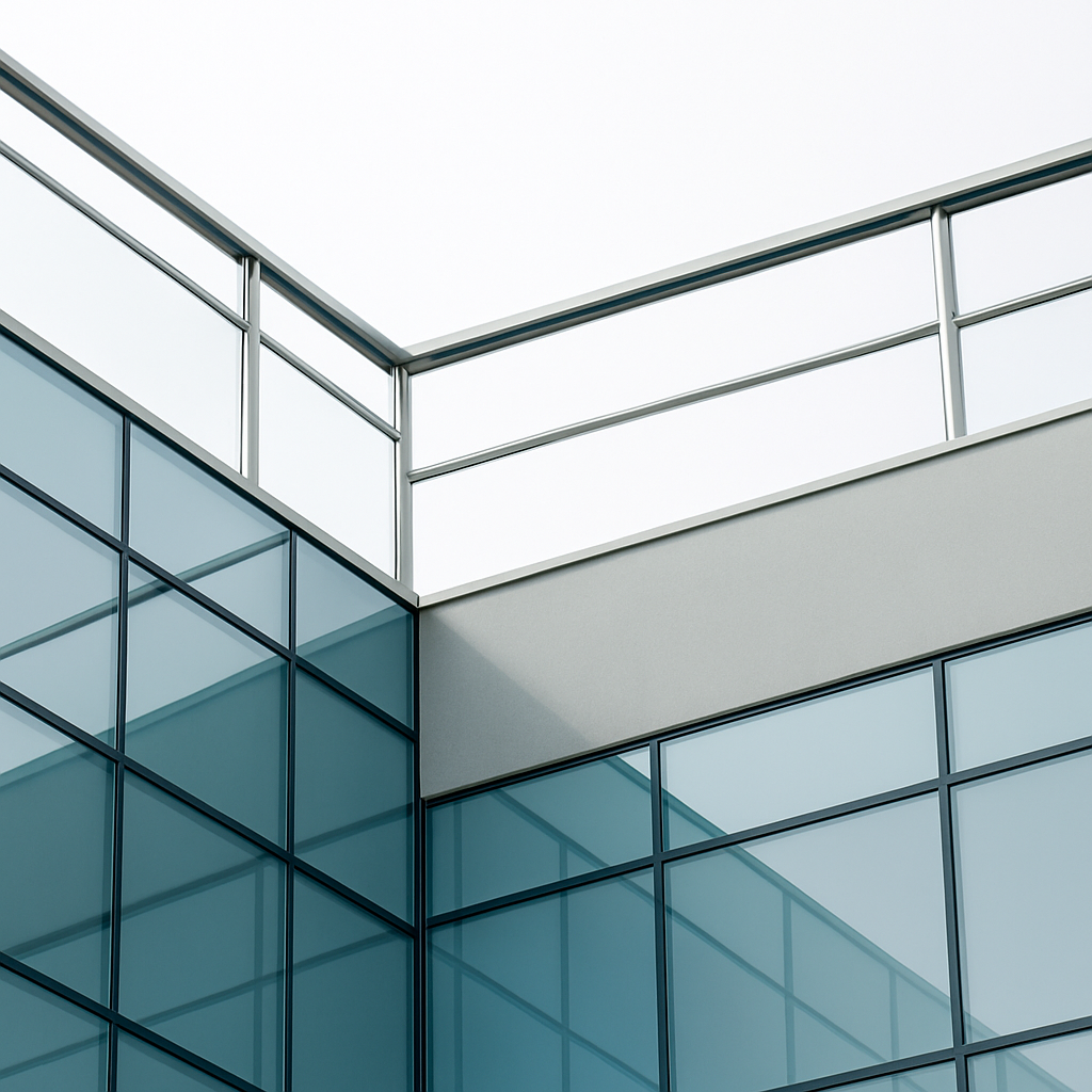 Modern glass and steel wall with vertical metal stripes