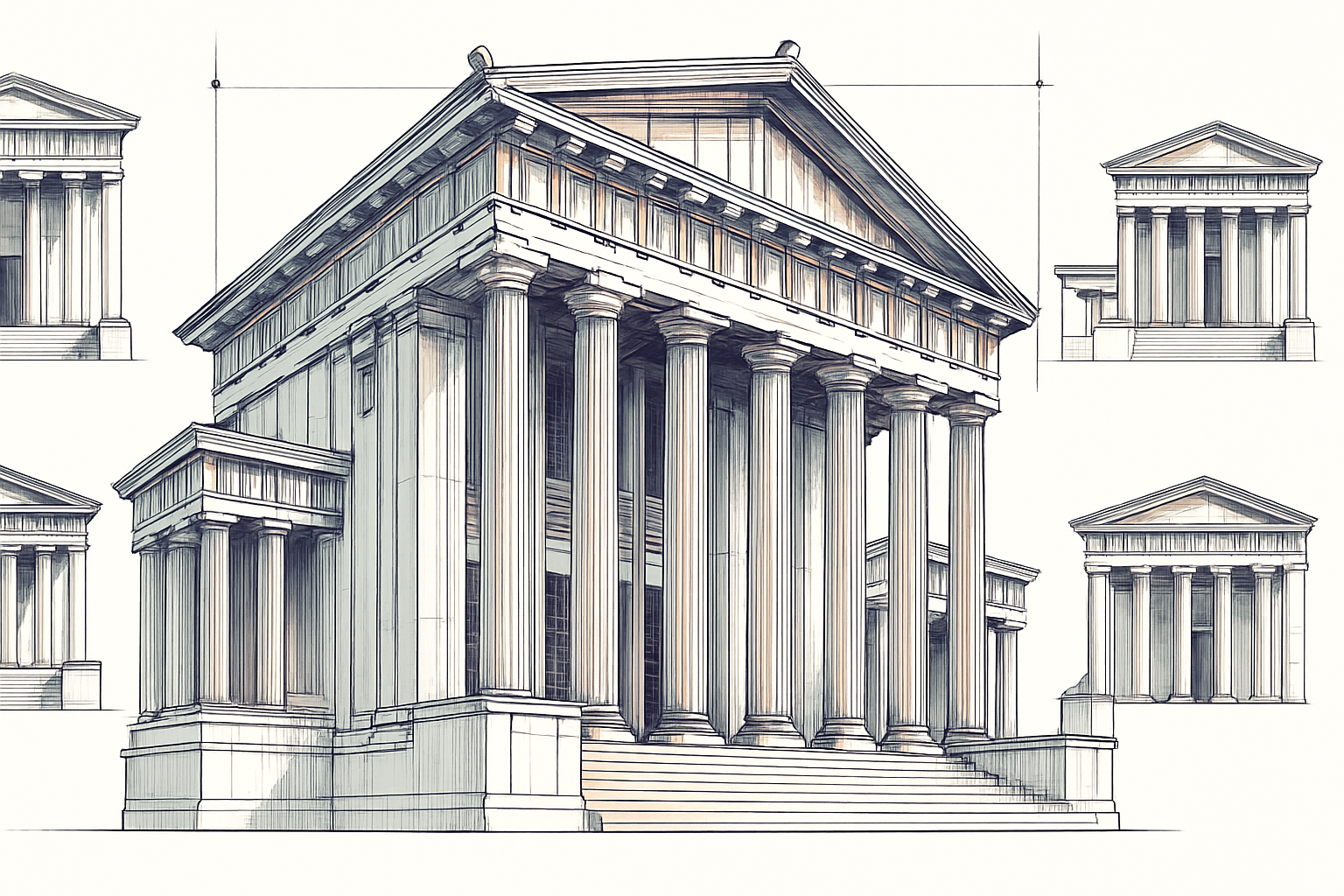 Infographic illustration of Greek Revival architecture showing a classical building with multiple views.