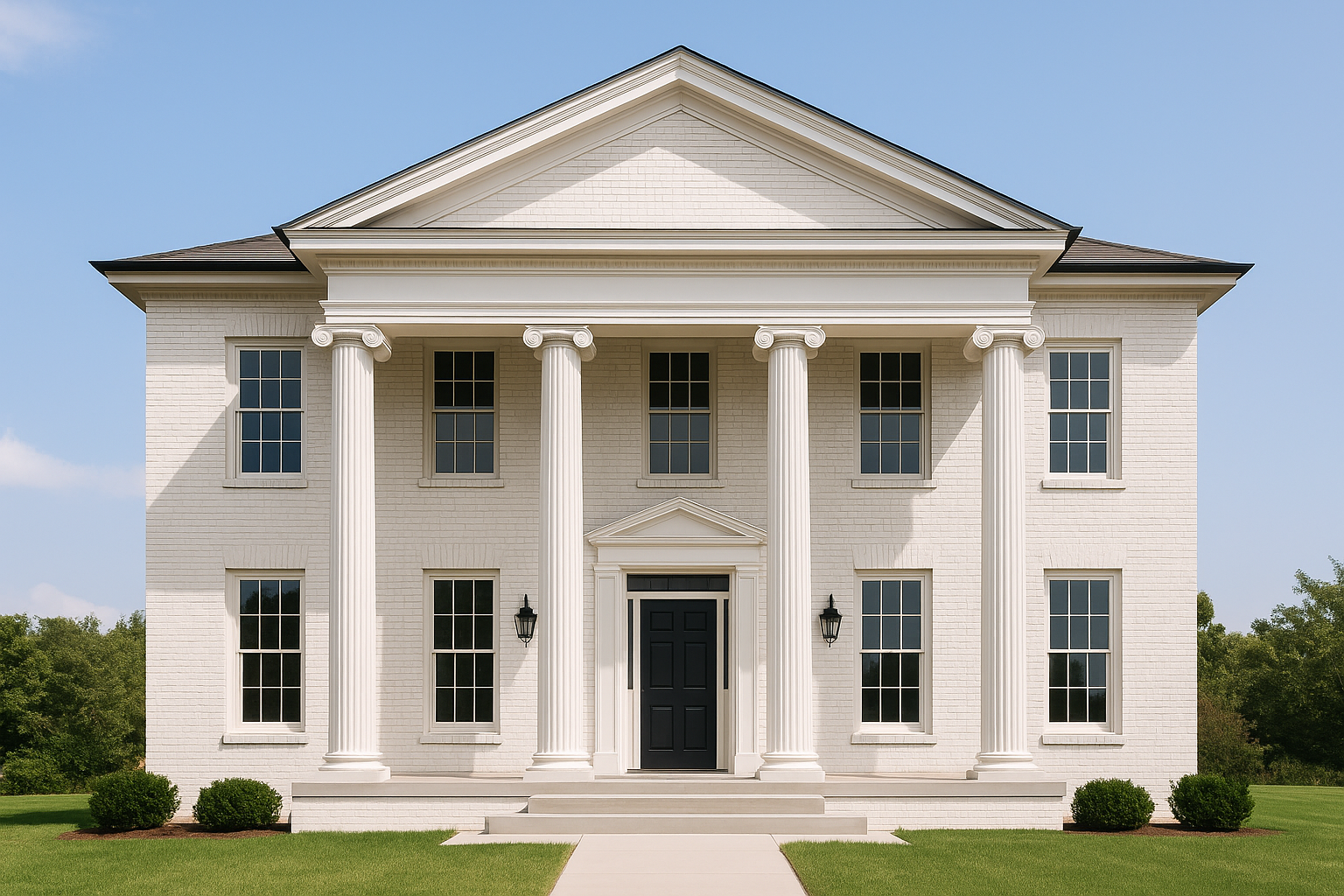 Greek Revival house elevation with white brick facade and Ionic columned front porch.
