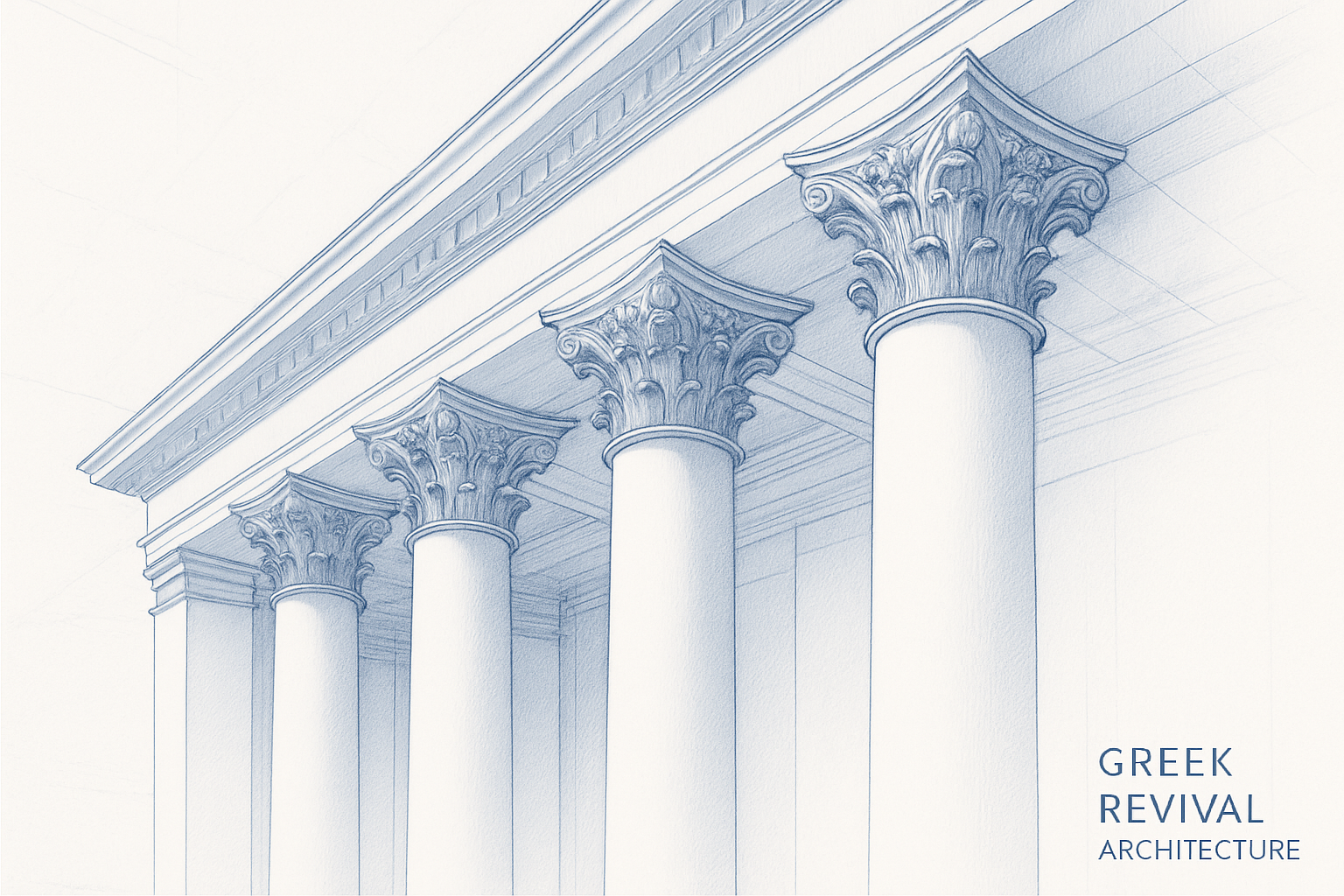 Front view of Greek Revival house with tall columns and pediment.