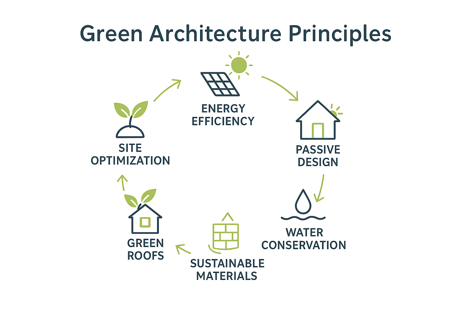 Circular infographic of six green architecture principles with icons: energy efficiency, passive design,