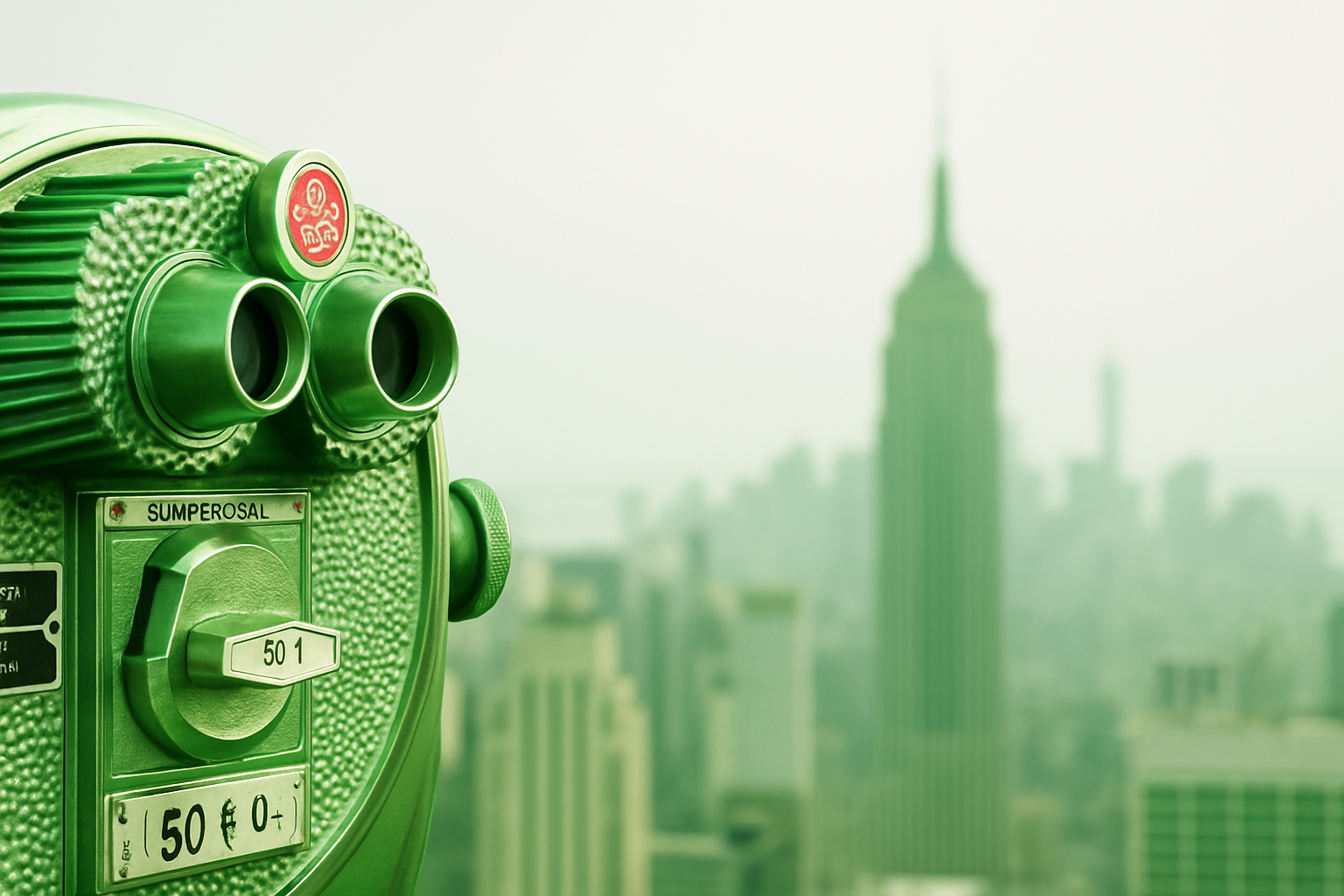 Empire State seen behind green binoculars.