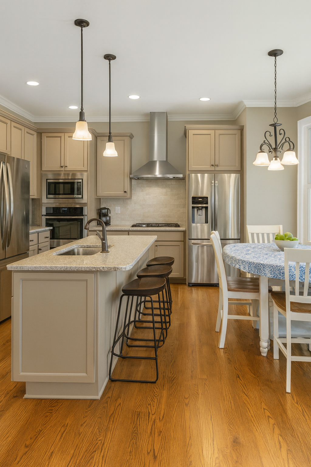 Modern kitchen with greige and taupe design, quartz counters, stainless steel appliances, and wood floors.