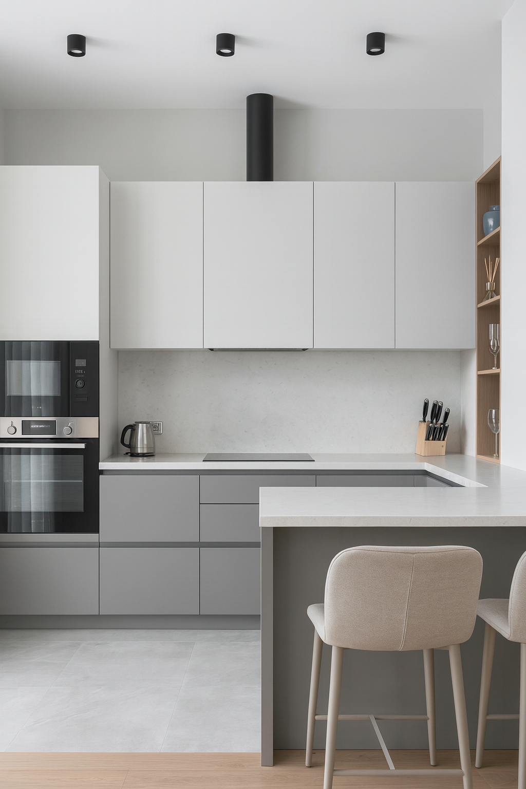 Modern kitchen with grey cabinets, marble backsplash, and stainless accents.