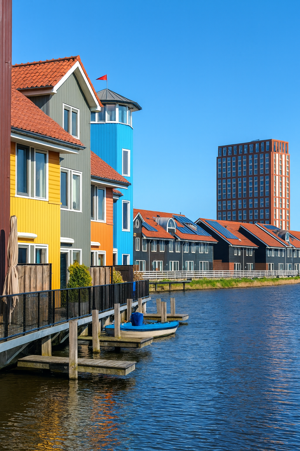 Groningen houses built with brick, wood, and glass feature colorful facades, tiled roofs, and solar panels for green living.