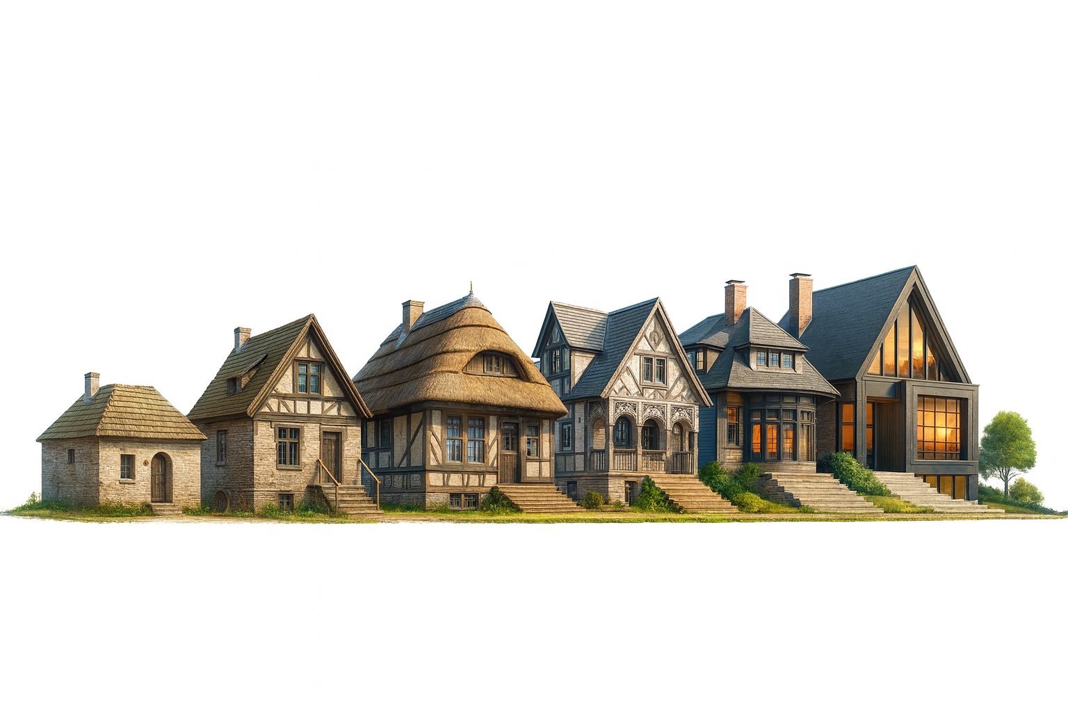 Row of houses from rustic stone cottage to modern glass-front home.