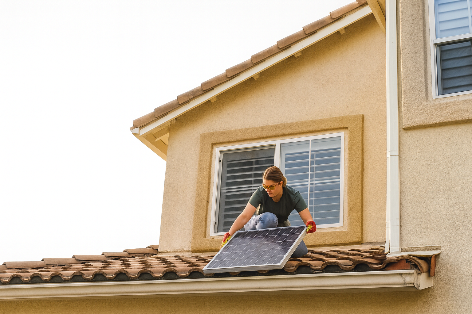Homeowner installing solar panel on tiled roof.