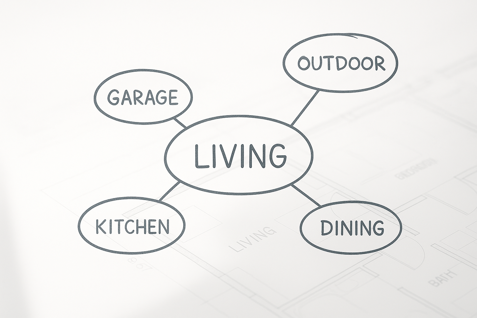 Bubble diagram showing early house design layout with living, kitchen, dining, garage, and outdoor spaces.