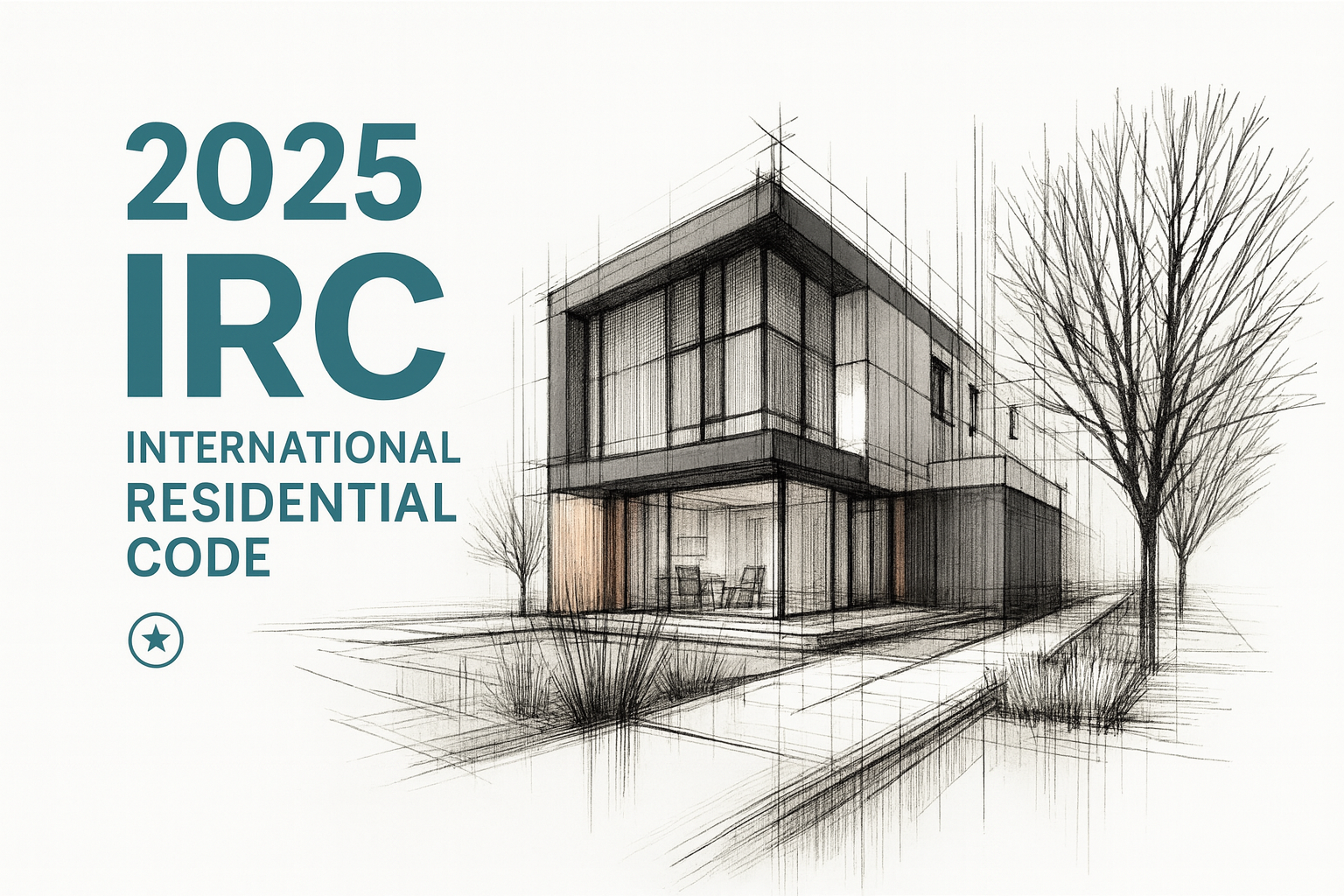Hand-drawn house sketch labeled with residential building code basics (IRC).