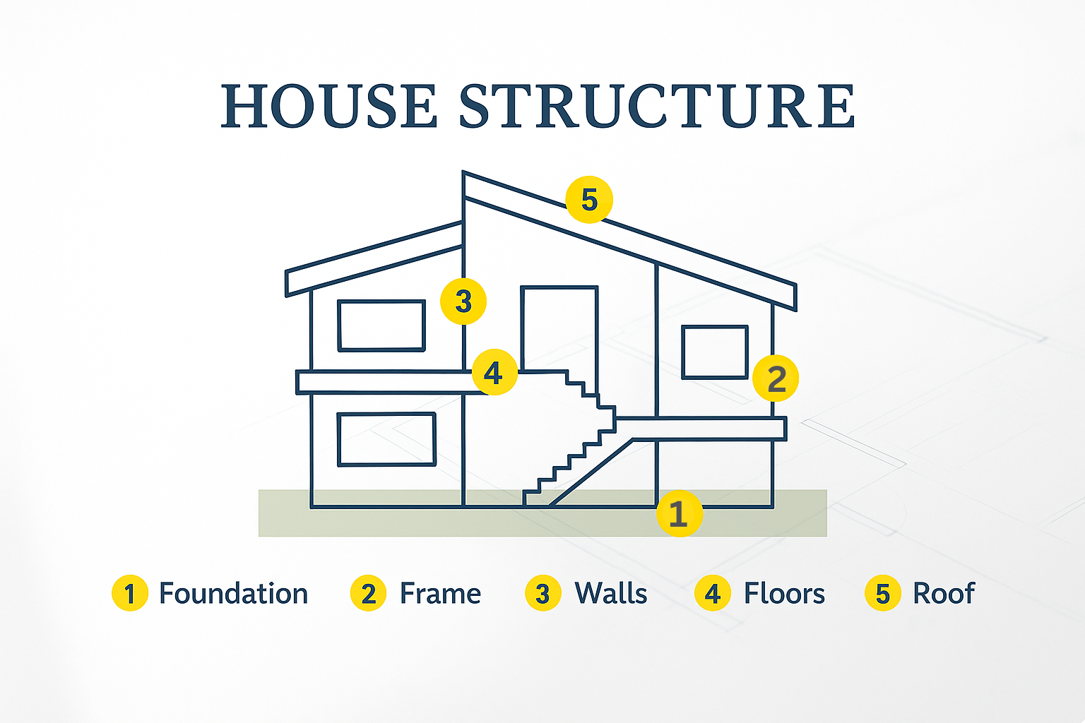 Diagram showing structural framing of a house with labeled parts.