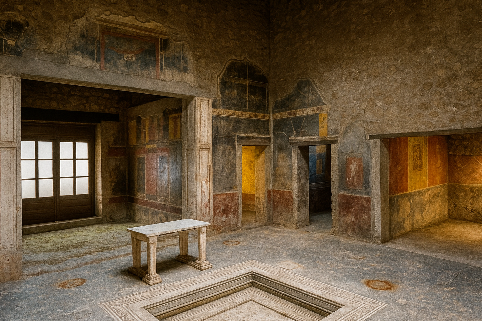 Atrium of the House of the Tragic Poet in Pompeii with impluvium pool and surrounding frescoes.