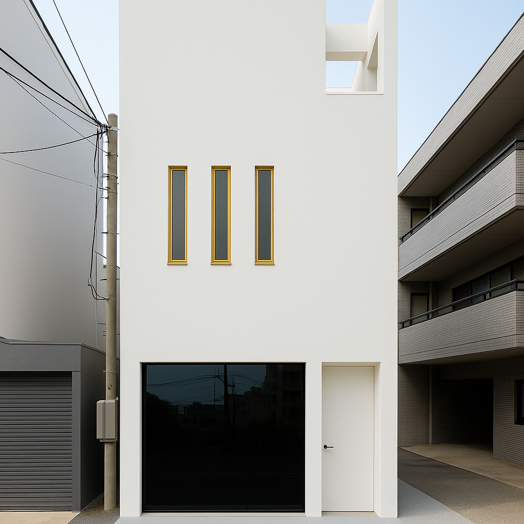 A compact Japanese mini house in a dense city environment.