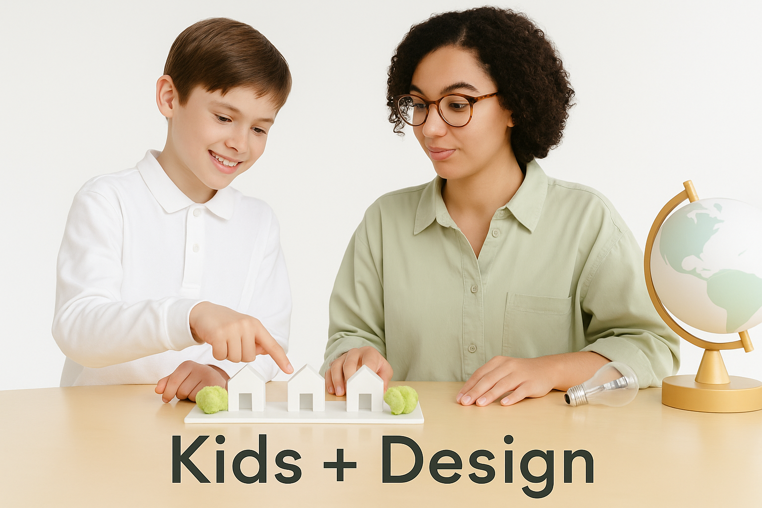 Child and adult working on architectural model titled Kids + Design.