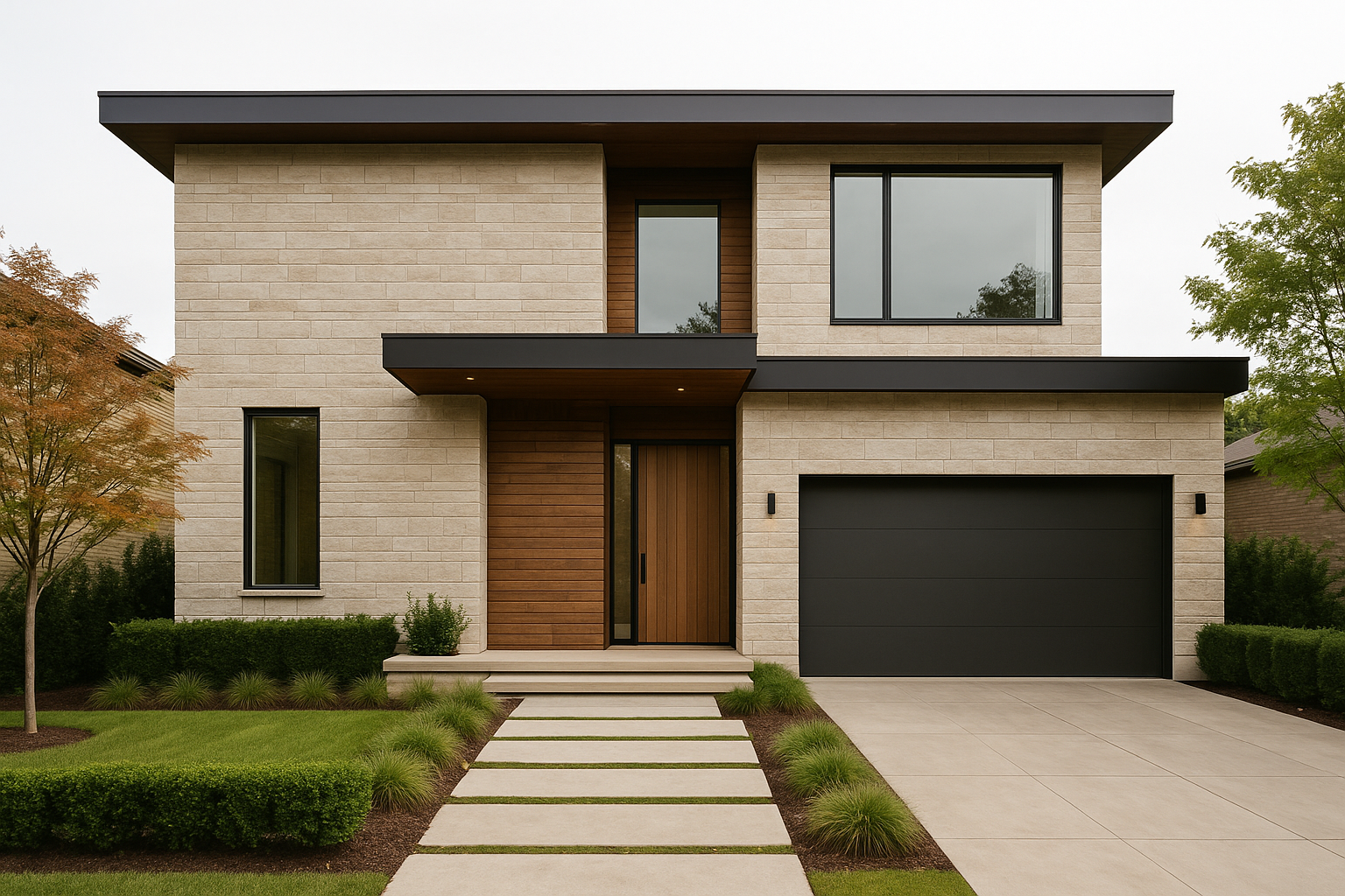 High-end limestone and cedar house with cantilever and pivot walnut door.