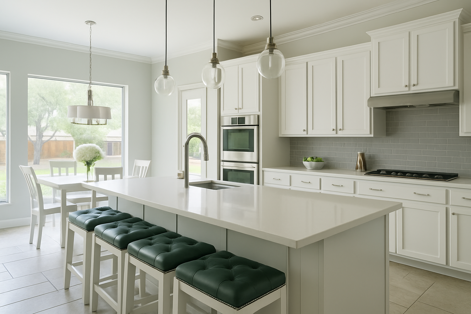 Bright kitchen with white cabinets, light walls, modern pendant lights, and a dining table with white flowers.