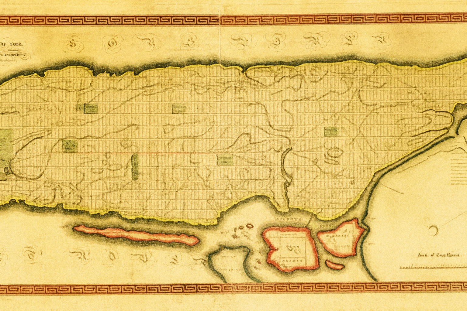 Historic Commissioners' Plan map of Manhattan showing early street grid and surrounding islands.