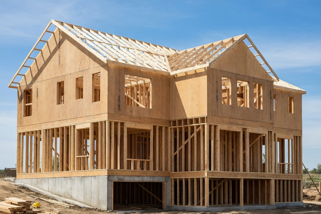 Mid-size house framing structure under construction.