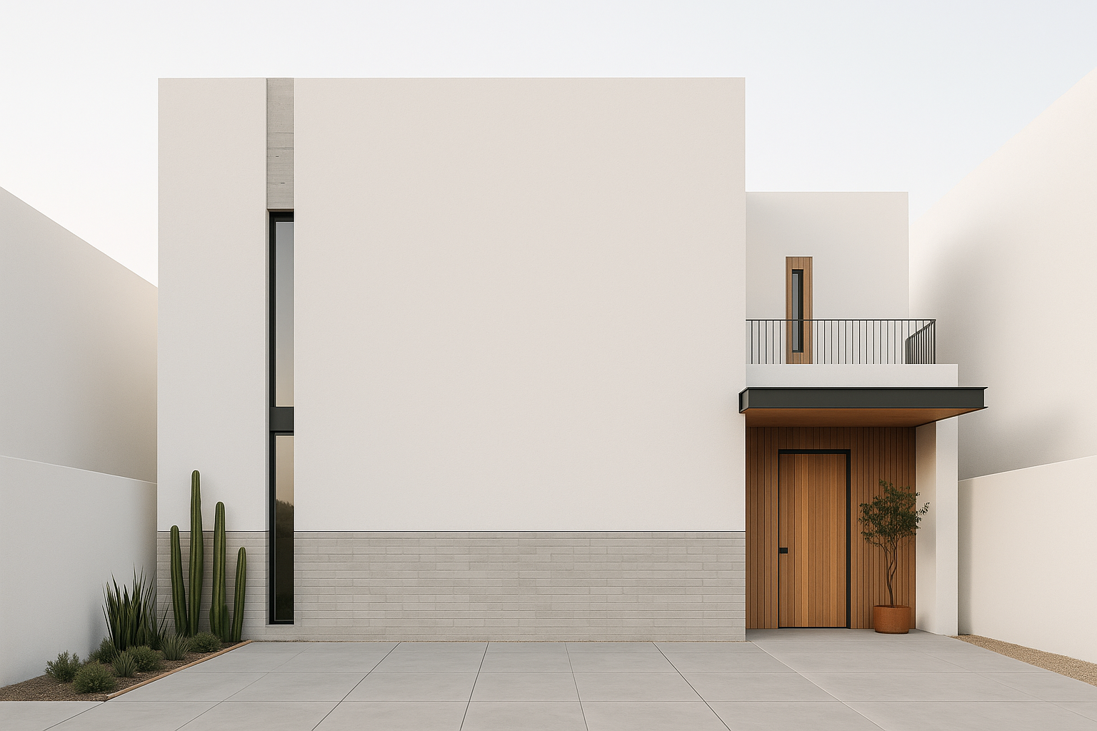Small two-story minimalist house with white stucco facade, vertical windows, and wood door.