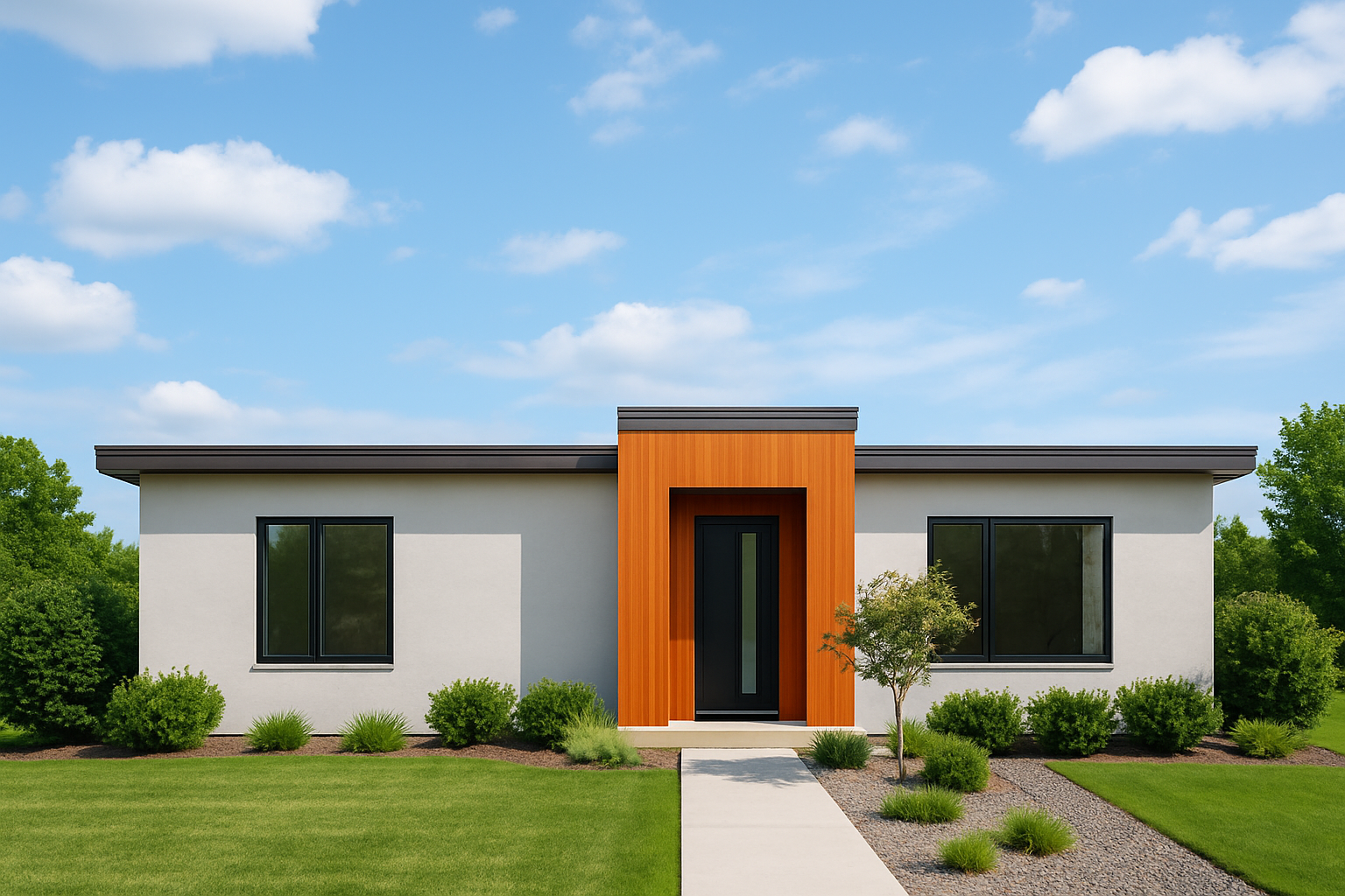 Modern minimalist home exterior featuring stucco walls and wood entrance.