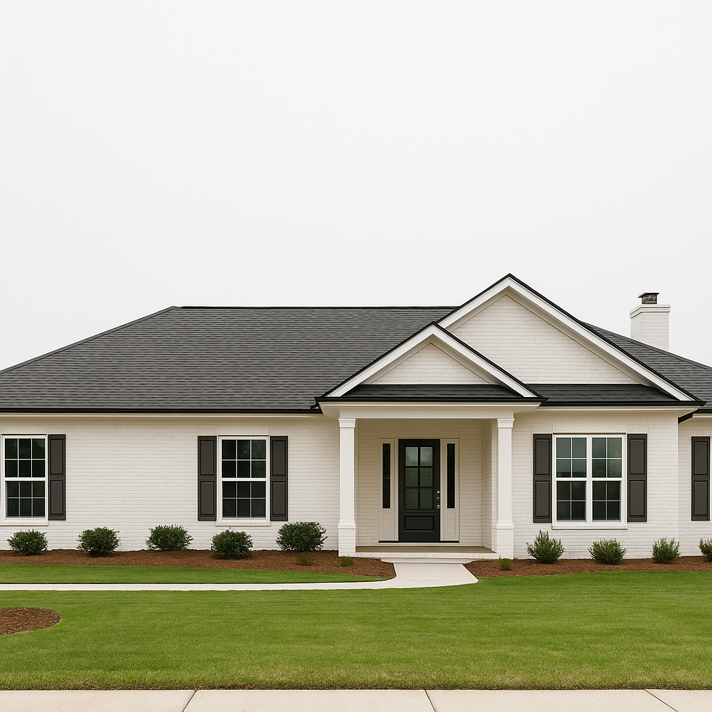 Modern single-story white house with cleared landscape and balanced design.