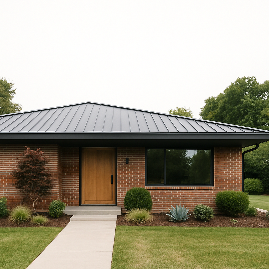 Brick home featuring minimalist landscaping and modern architecture.