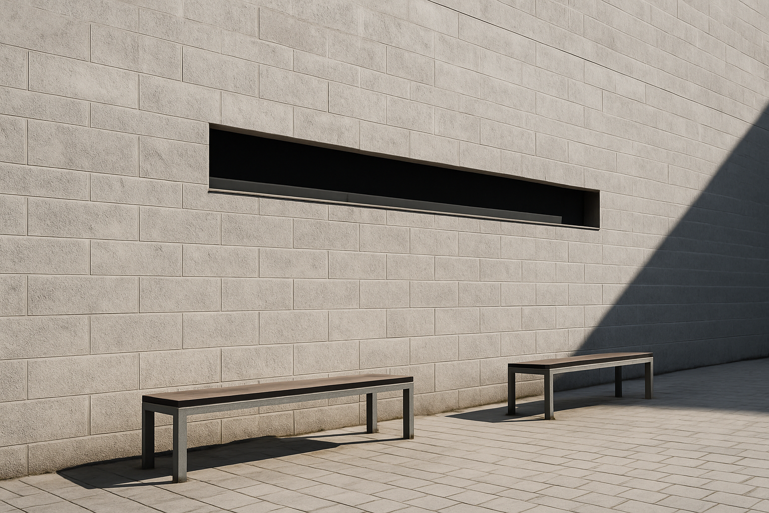 Minimalist concrete wall with narrow dark glass window and benches in front.