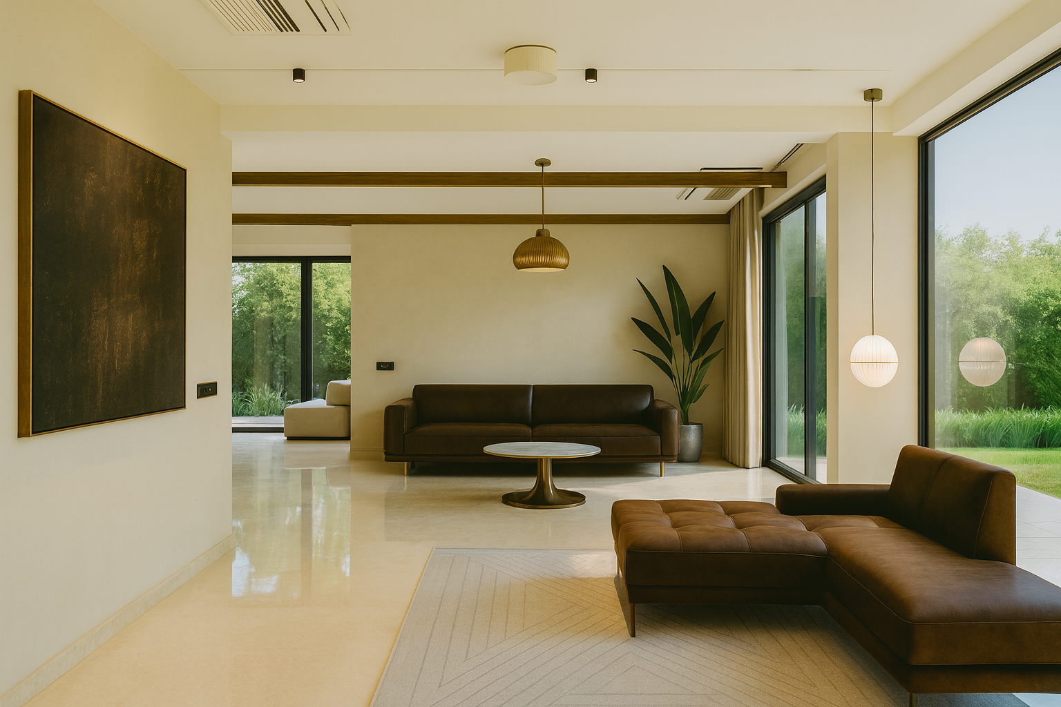 Modern living room with dark brown sofas, full glass wall, and a large contemporary art piece.