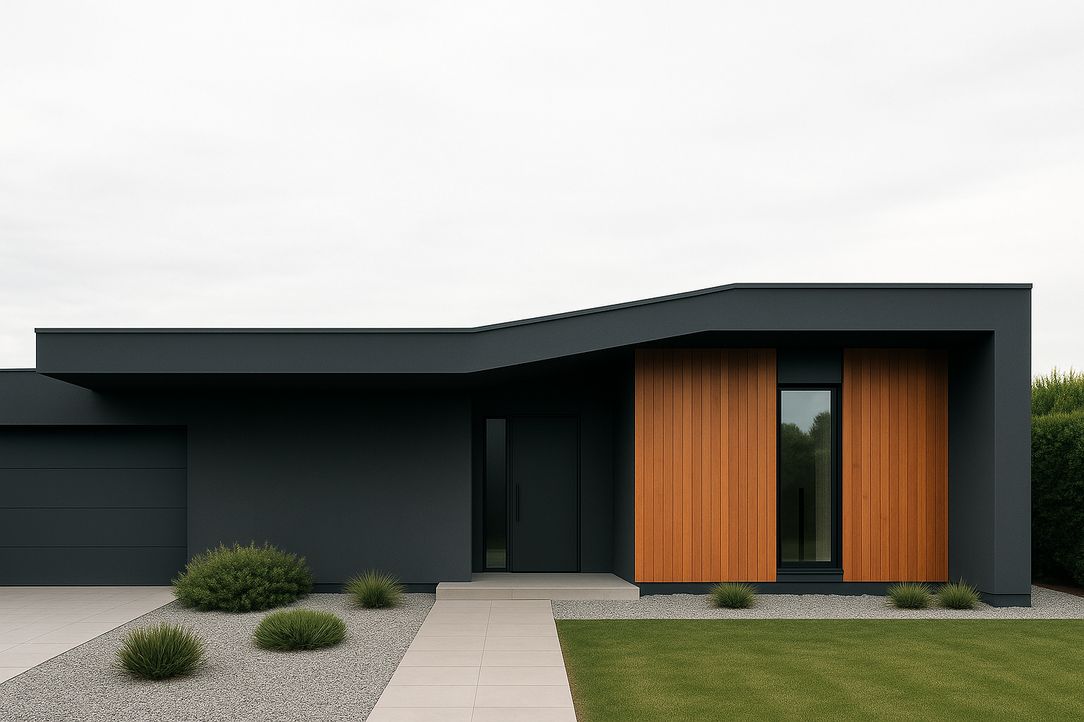 One-story modern house with dark gray facade, warm wood panels, and minimalist landscaping.