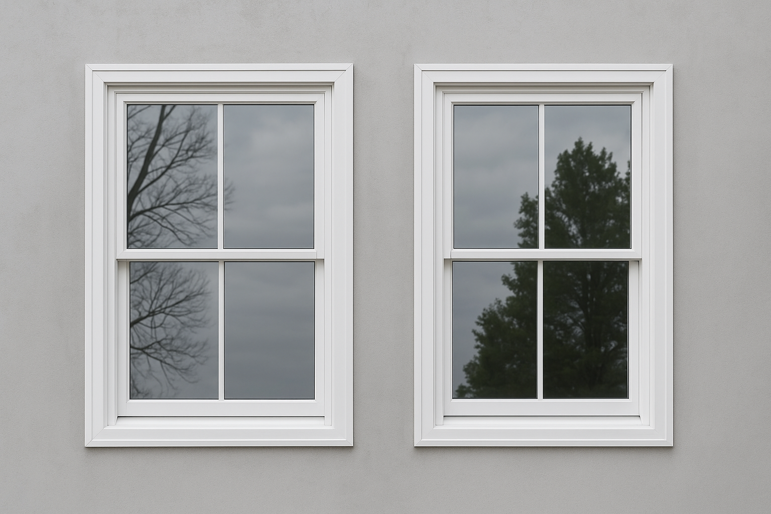 Two modern double-hung windows with white frames set in a concrete wall.