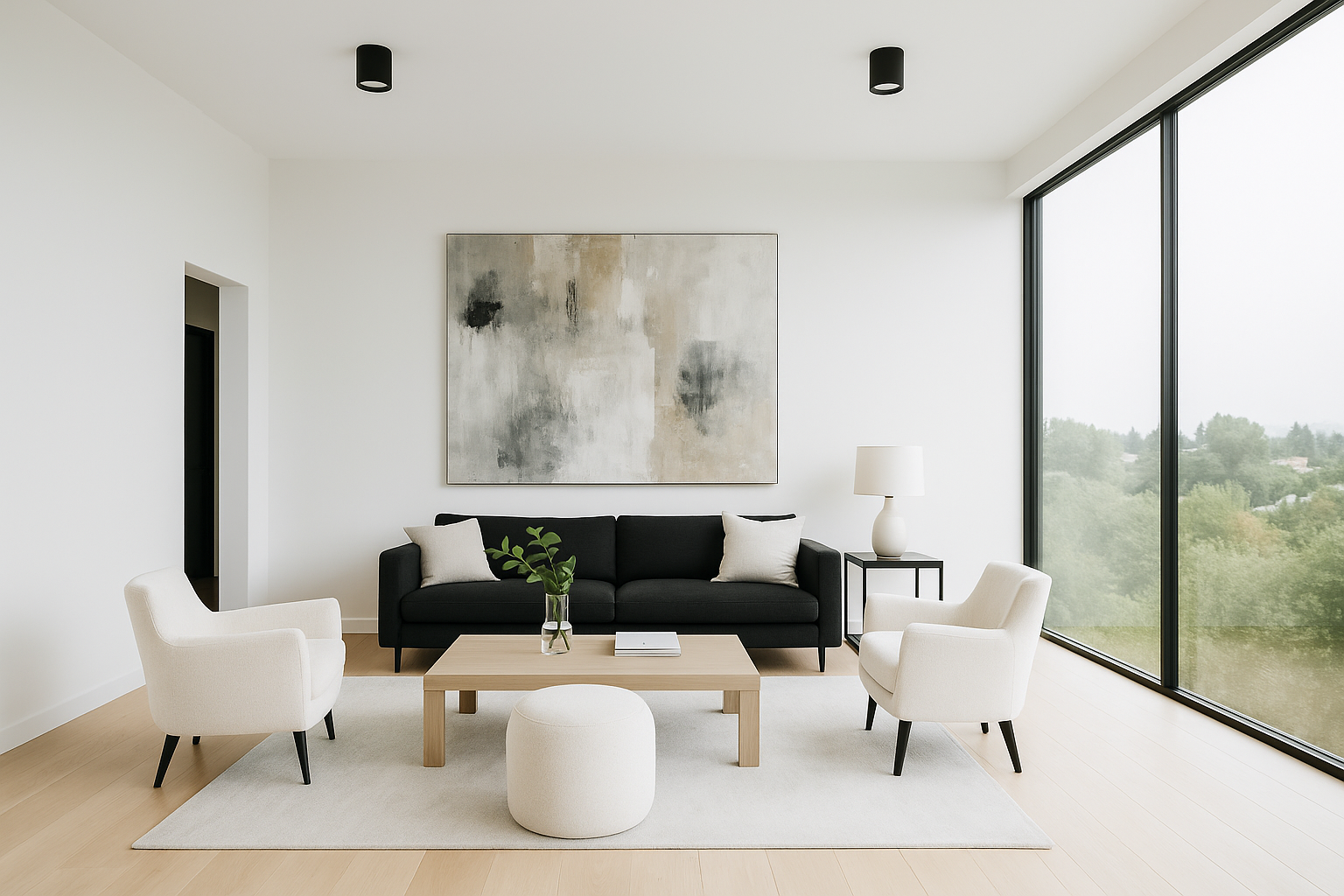 Spacious modern living room with a full-height glass wall.