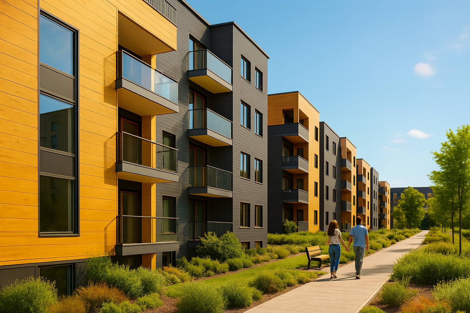 Sunlit modern apartments with balconies and green design principles.
