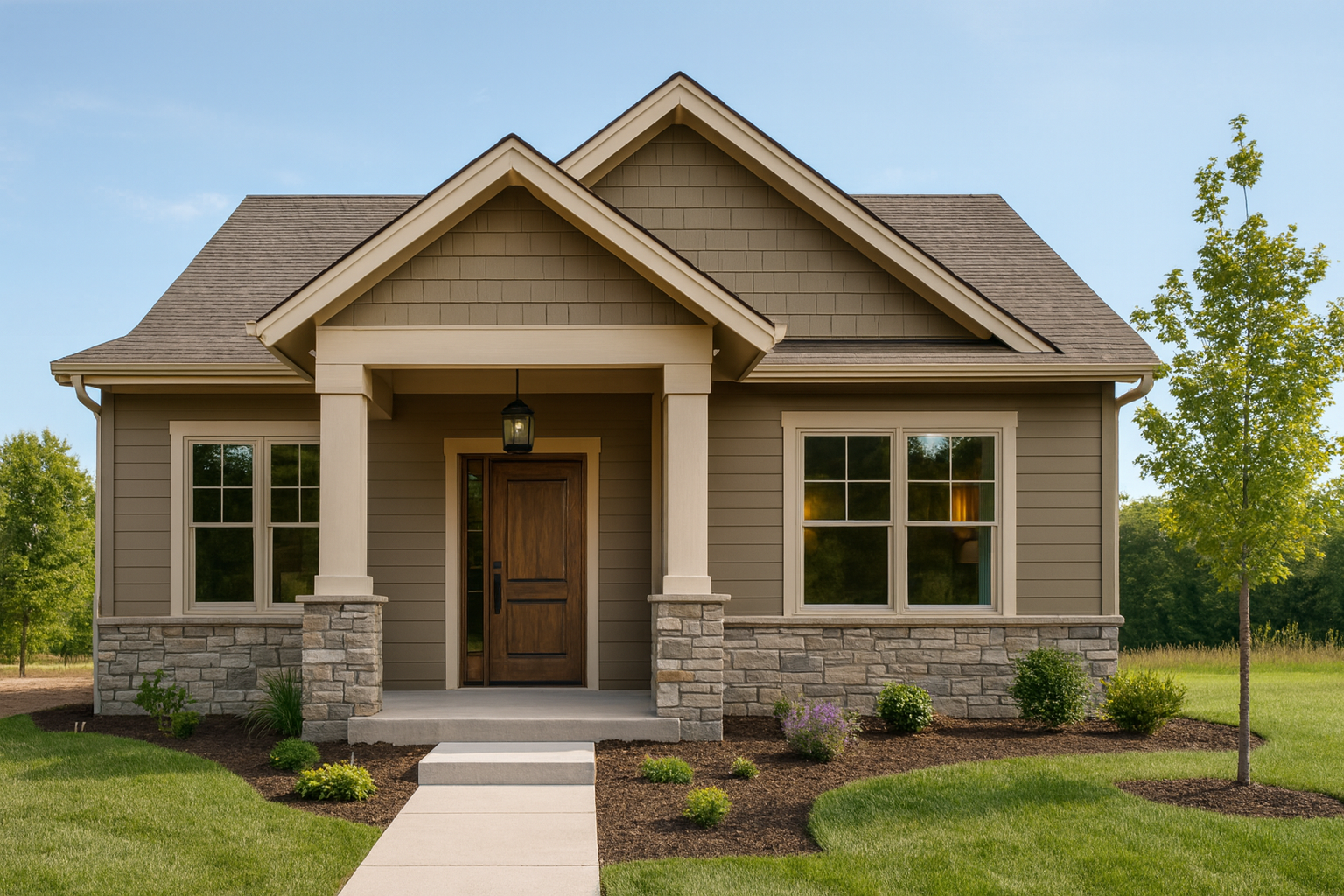 Modern single-story home exterior with stone and wood design.