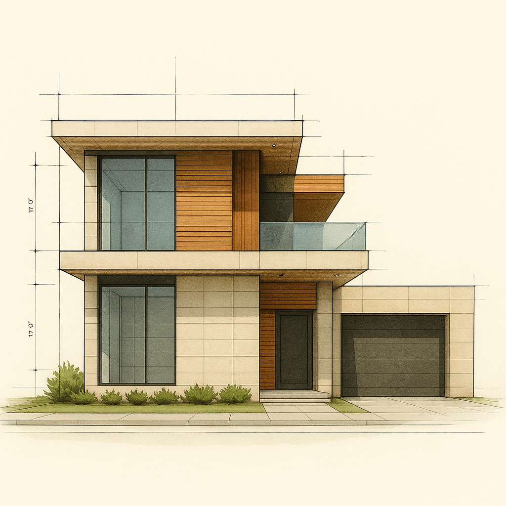 Architectural elevation sketch of a modern two-story house with glass and wood accents.