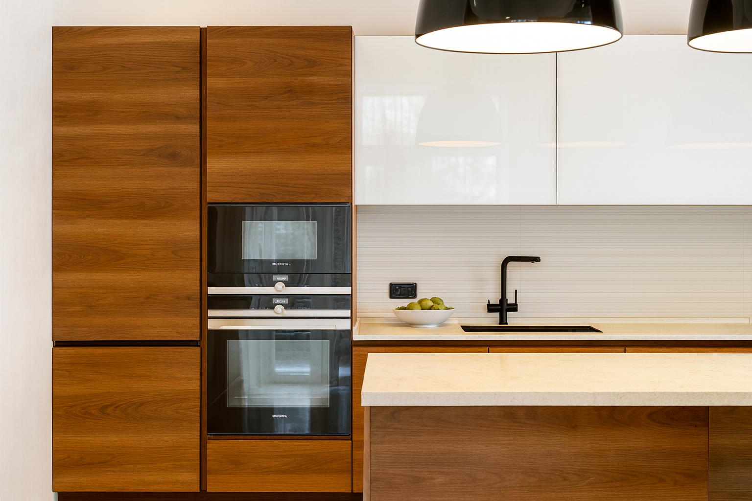 Modern kitchen with wood cabinets, white counters, and black faucet.