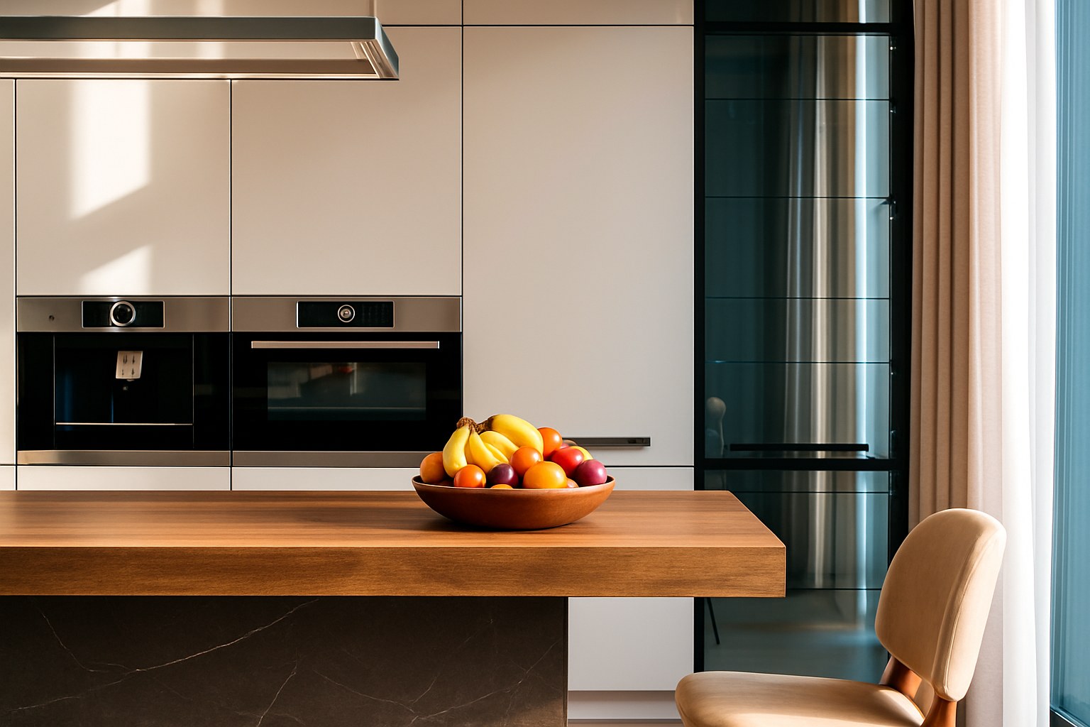 Modern kitchen with wood counter, built-in appliances, fruit bowl, and beige with greenish accents.