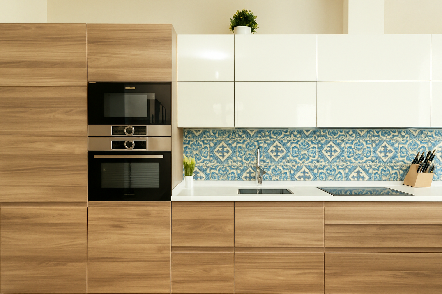 Modern kitchen with wood counter, fruit bowl, and green accents.