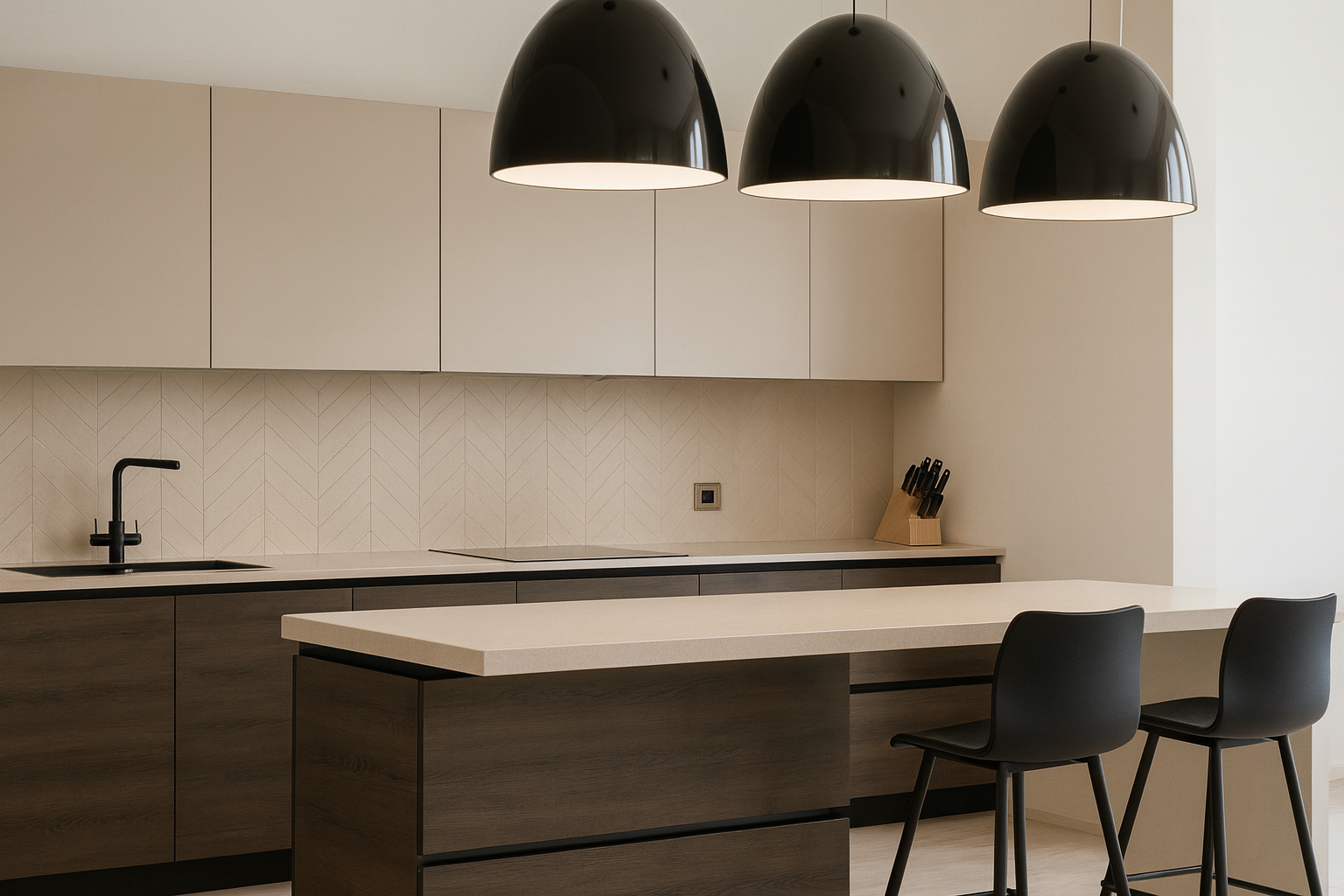 Modern kitchen with greige cabinets and beige quartz counters.