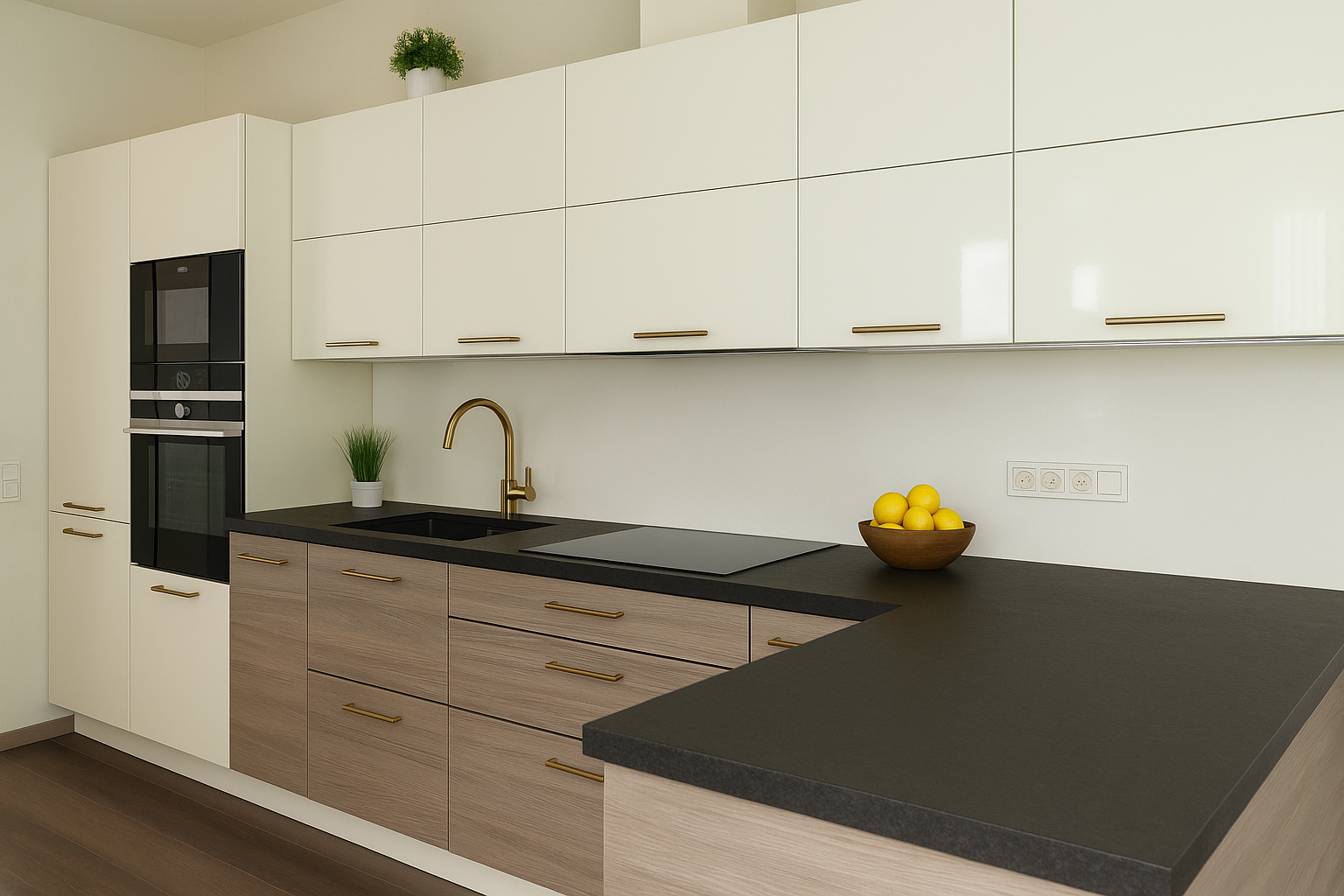 Modern kitchen with light cabinets, dark stone counters, and brass hardware accents.