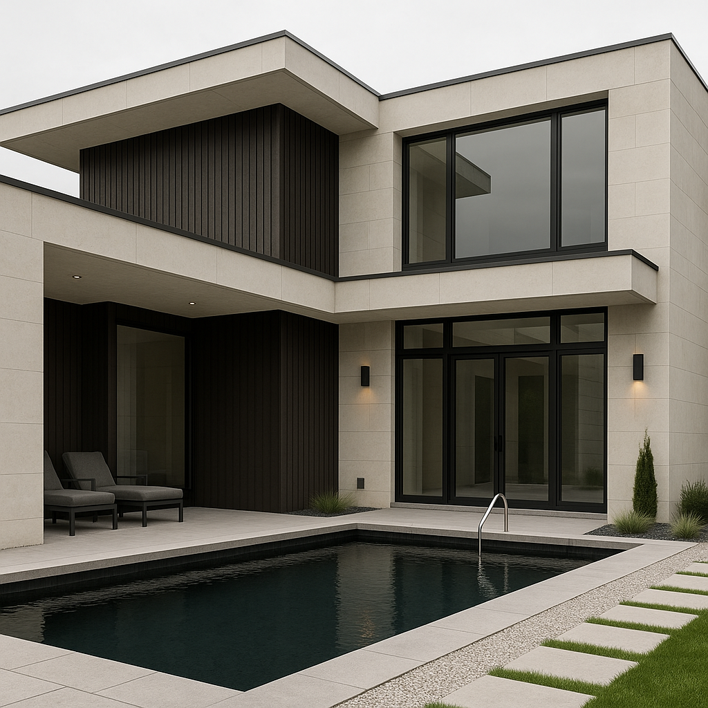 Minimalist modern house elevation with limestone façade and vertical cedar panels.