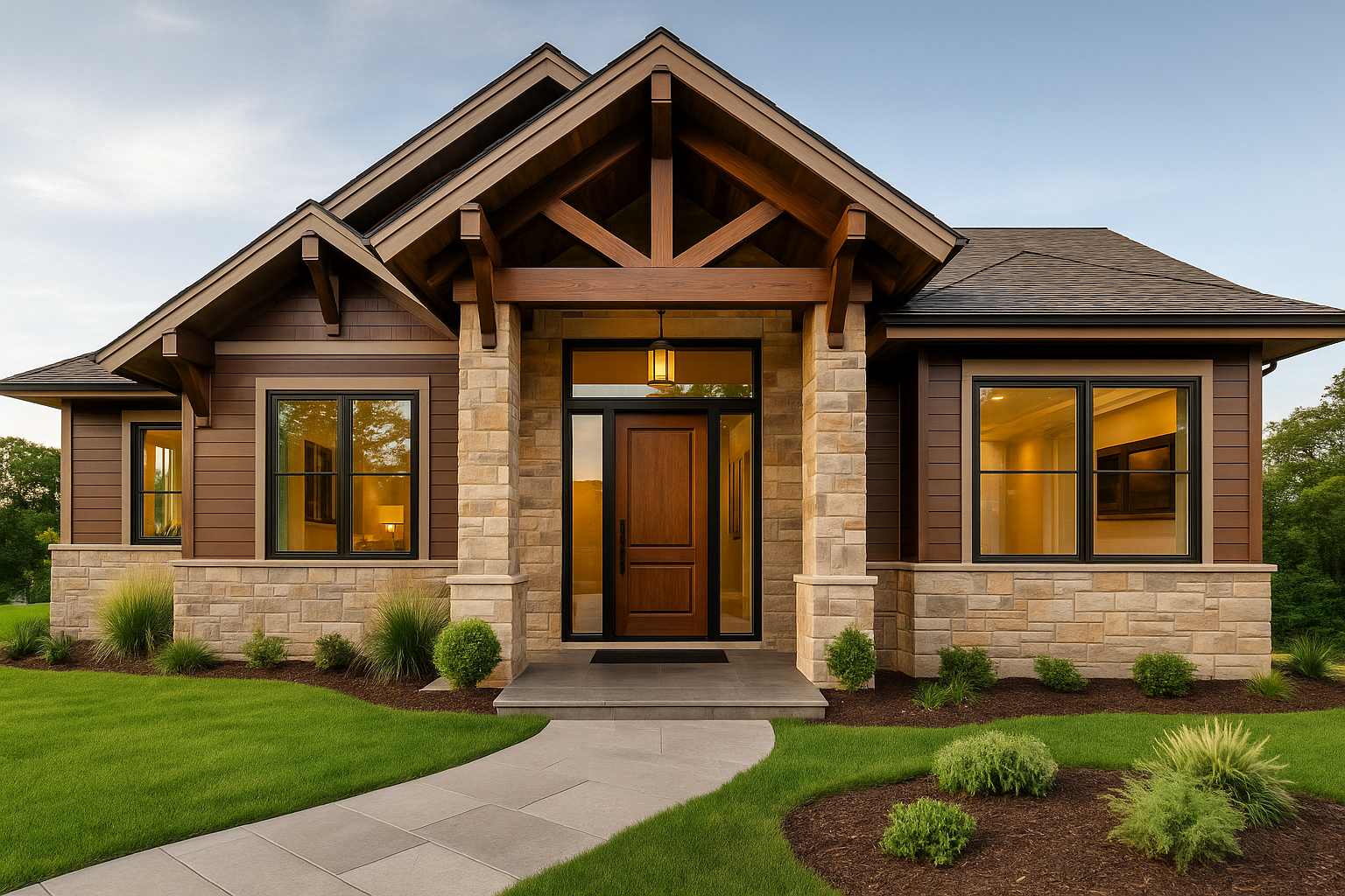 Modern luxury house exterior with limestone cladding, cedar wood panels, and black metal accents.