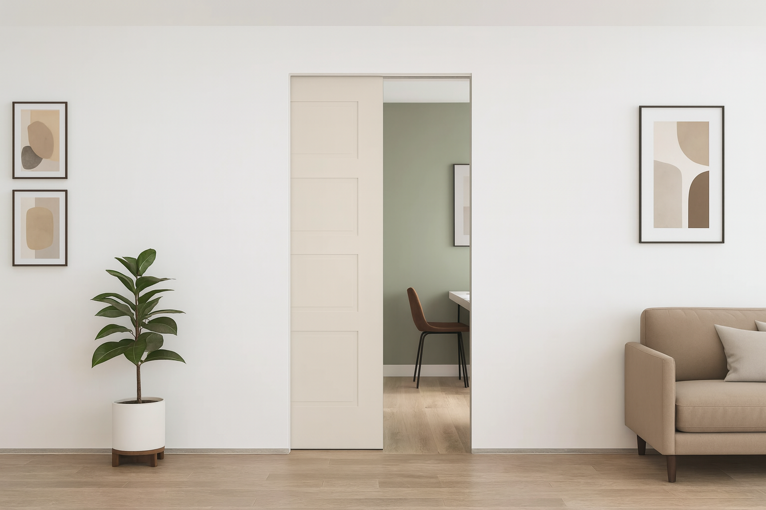 : A modern minimalist interior featuring a wide pocket door with a wood finish.