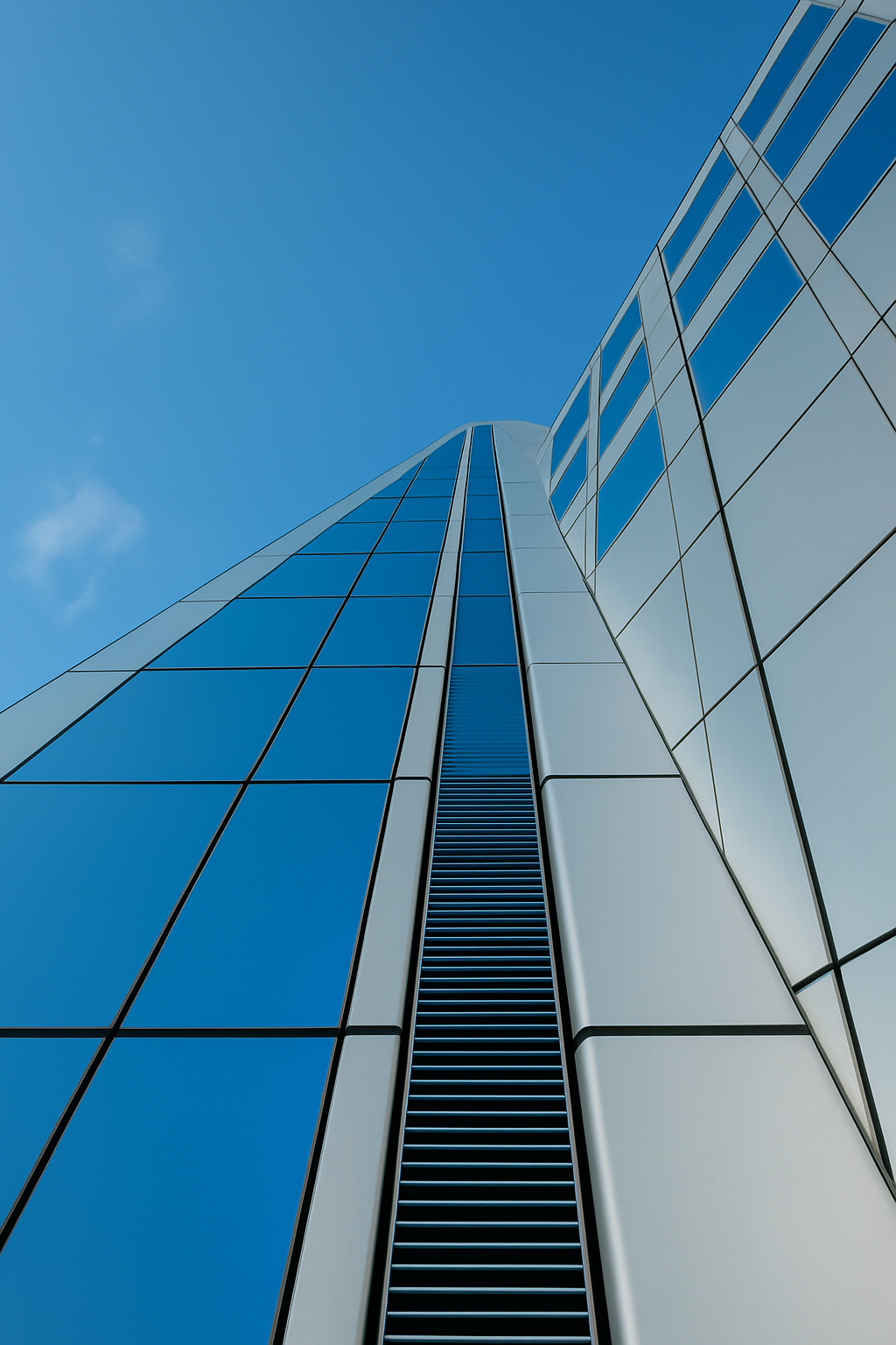 Upward view of a modern skyscraper with reflective glass panels and steel facade.