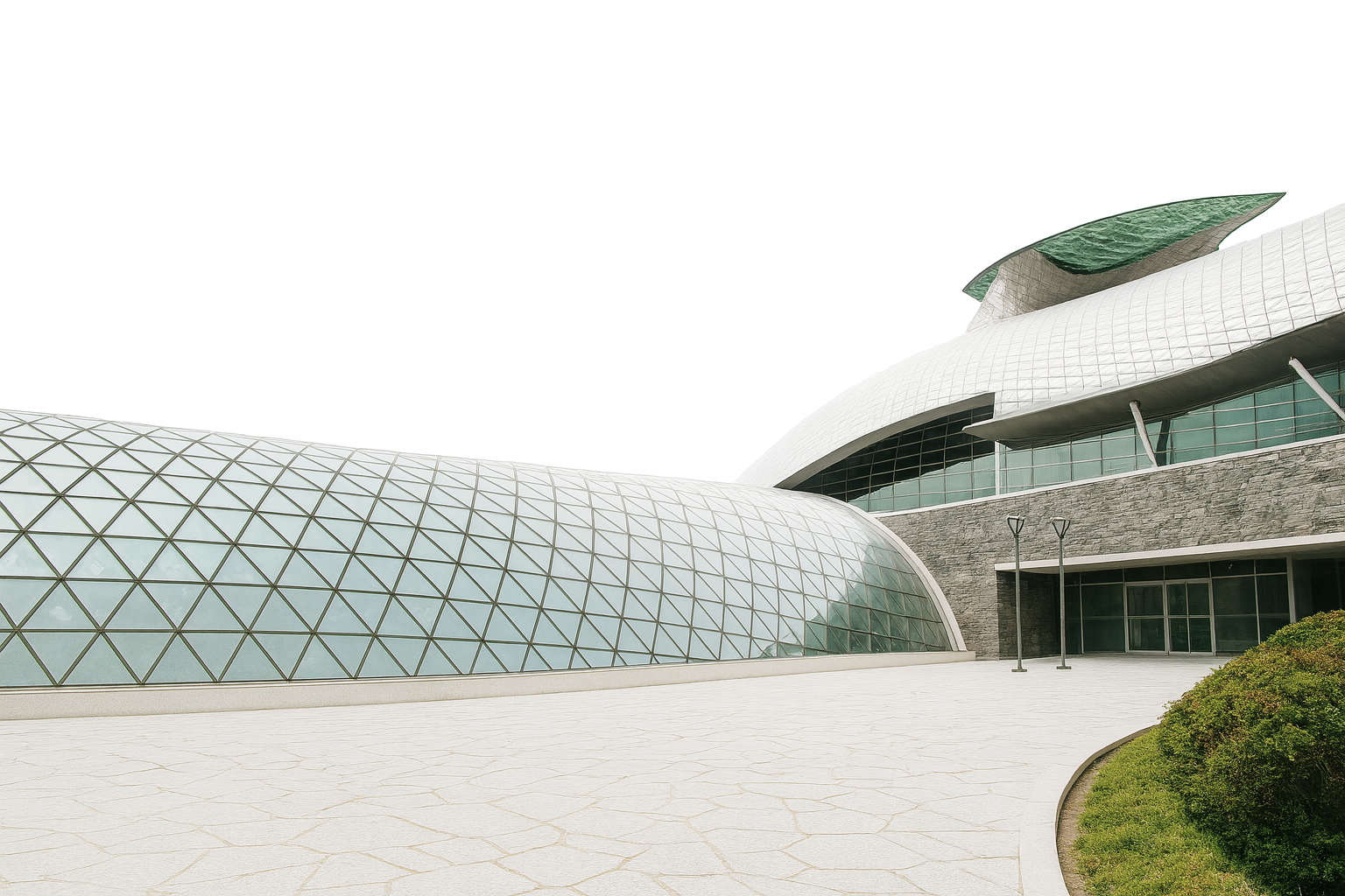 A modern sustainable building featuring a glass dome and curved roof.