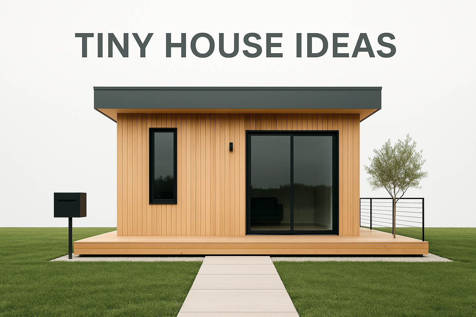  Modern tiny house with flat roof, wood facade, black framed windows, and minimalist design.