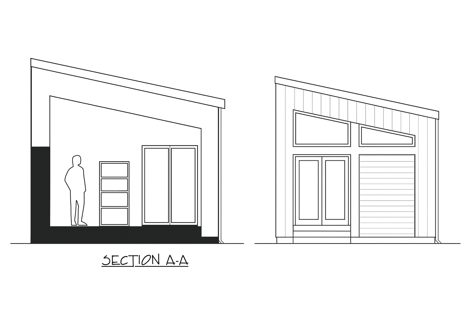 Technical architectural drawing showing section and rear elevation of a modern tiny house with clean roofline and glazing.
