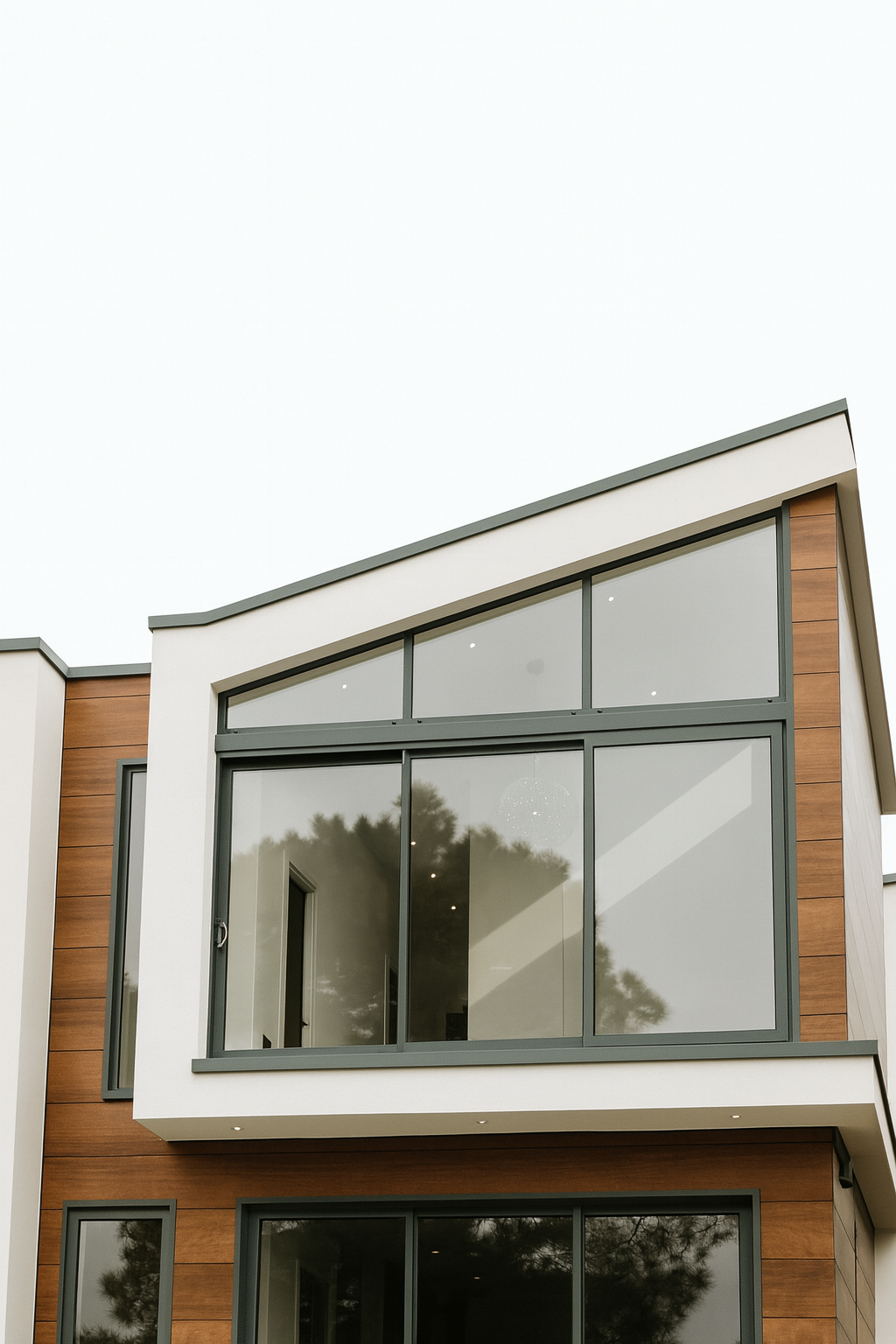 Contemporary house façade with large glass windows, wood cladding, and clean architectural lines.