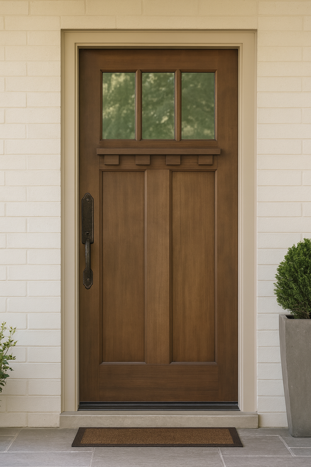 Modern wooden front door on white brick wall with updated handle and tiled entryway.