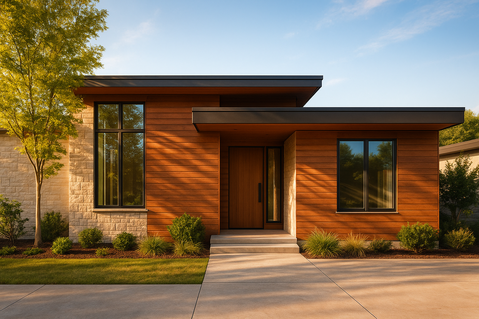 Single-story modern house with wood cladding, and stone veneer.
