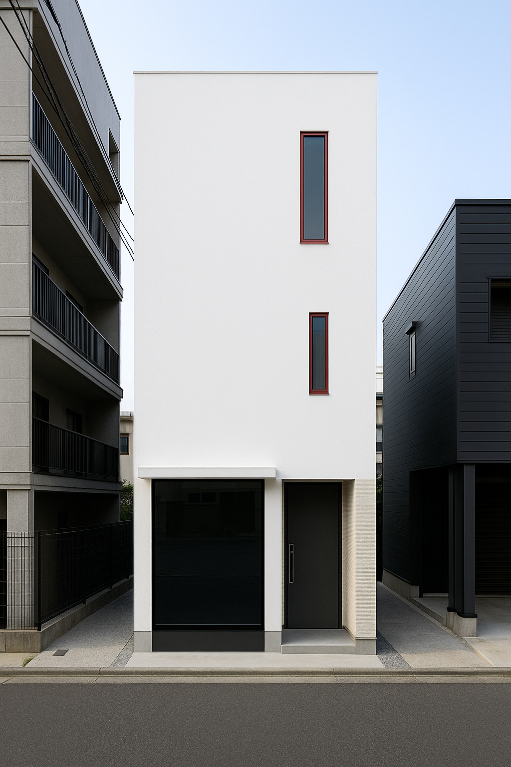 A narrow Japanese-style mini house in an urban cityscape with slim vertical windows.